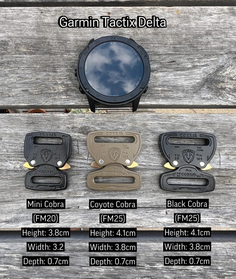 May include: Three different colored Cobra buckle styles: black, coyote brown, and mini black. Each buckle has the Cobra logo and the text "FM25" or "FM20". The buckles are shown on a wooden surface.