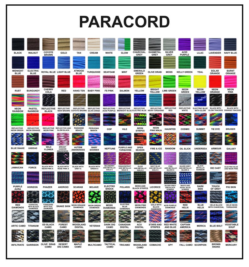 May include: A chart of different colors and patterns of paracord, a type of strong nylon cord used for crafting and survival purposes. The chart includes a variety of colors, patterns, and textures, including solid colors, camouflage patterns, and reflective threads.