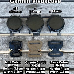 May include: Three Garmin Vivoactive smartwatches labeled 4S (40mm), 4 (45mm), and 3 Music, positioned above three metal Cobra buckles. The buckles are labeled Mini Cobra (FM20) at 3.8cm x 3.2cm x 0.7cm, Coyote Cobra (FM25) at 4.1cm x 3.8cm x 0.7cm, and Black Cobra (FM25) at 4.1cm x 3.8cm x 0.7cm.