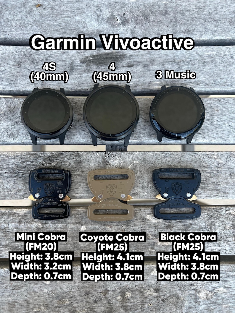 May include: Three Garmin Vivoactive smartwatches labeled 4S (40mm), 4 (45mm), and 3 Music, positioned above three metal Cobra buckles. The buckles are labeled Mini Cobra (FM20) at 3.8cm x 3.2cm x 0.7cm, Coyote Cobra (FM25) at 4.1cm x 3.8cm x 0.7cm, and Black Cobra (FM25) at 4.1cm x 3.8cm x 0.7cm.
