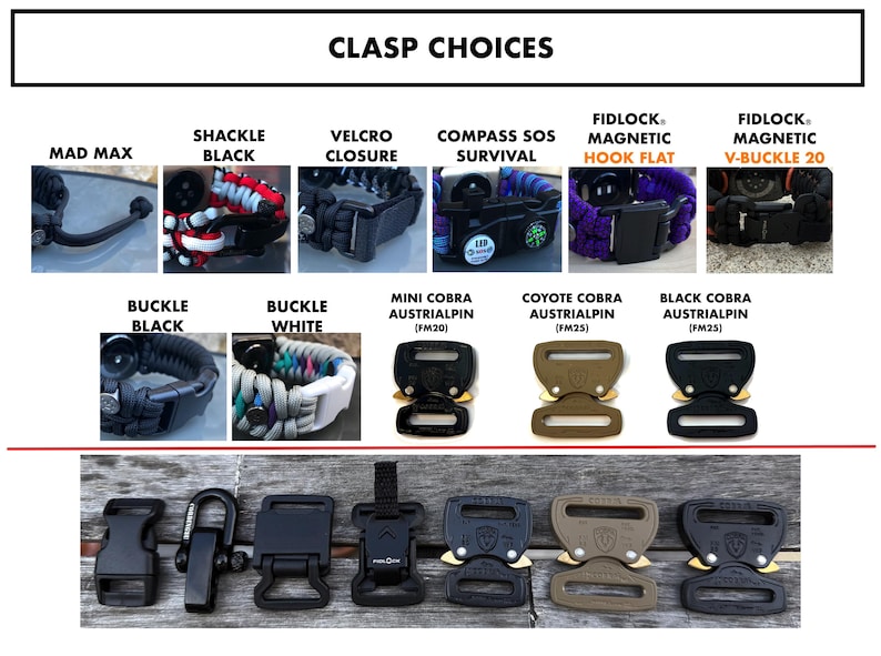 May include: A collection of clasp choices for bracelets, including Mad Max, shackle, Velcro, compass SOS, Fidlock magnetic, and AustriAlpin Cobra buckles in black, white, and coyote tan. The image displays various buckle styles and mechanisms.
