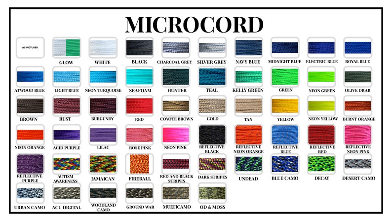 Puede incluir: Un gr&aacute;fico que muestra una variedad de colores y patrones de microcord, un tipo de cord&oacute;n utilizado para manualidades y otros proyectos. El gr&aacute;fico incluye colores como brillo, blanco, negro, gris carb&oacute;n, gris plateado, azul marino, azul medianoche, azul el&eacute;ctrico, azul real, azul claro, turquesa ne&oacute;n, espuma de mar, cazador, azul verdoso, verde kelly, verde, verde ne&oacute;n, verde oliva, marr&oacute;n, &oacute;xido, burdeos, rojo, marr&oacute;n coyote, dorado, marr&oacute;n, amarillo, amarillo ne&oacute;n, naranja quemado, naranja ne&oacute;n, morado &aacute;cido, lila, rosa claro, rosa ne&oacute;n, negro reflectante, naranja ne&oacute;n reflectante, azul reflectante, rojo reflectante, rosa ne&oacute;n reflectante, morado reflectante, conciencia del autismo, jamaicano, bola de fuego, rayas rojas y negras, rayas oscuras, no muerto, camuflaje azul, descomposici&oacute;n, camuflaje del desierto, camuflaje urbano, acu digital, camuflaje de bosque, guerra terrestre, multicam y OD & musgo.
