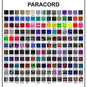 May include: A comprehensive color chart titled PARACORD displaying a grid of numerous cord samples in solid colors, reflective patterns, camouflage prints, and multi-colored designs, each labeled with its specific descriptive name below the swatch.