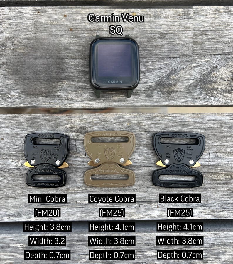 May include: A black Garmin Venu SQ smartwatch positioned above three metal Cobra buckles. The buckles are labeled Mini Cobra FM20, Coyote Cobra FM25, and Black Cobra FM25, with listed dimensions including heights of 3.8cm and 4.1cm, widths of 3.2cm and 3.8cm, and depths of 0.7cm.