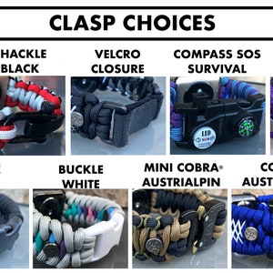 Puede incluir: Una variedad de opciones de cierre para pulseras de paracord, incluyendo Mad Max, Shackle Black, Velcro Closure, Compass SOS Survival, Fidlock Magnetic, Buckle Black, Buckle White, Mini Cobra Austrialpin y Cobra Austrialpin.