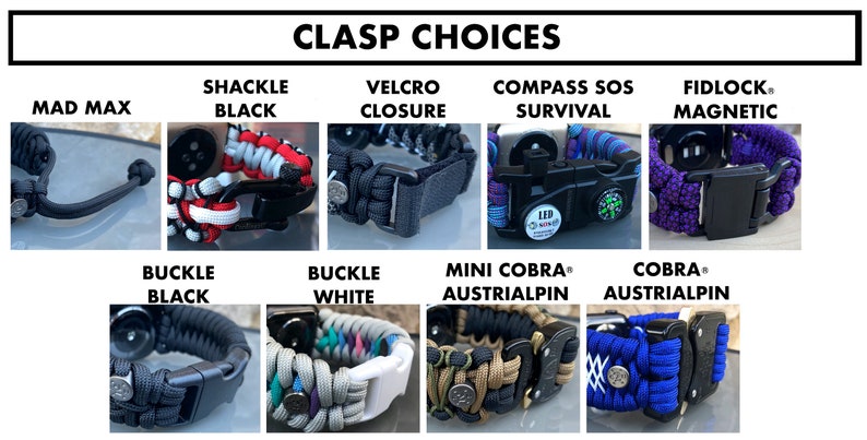Puede incluir: Una variedad de opciones de cierre para pulseras de paracord, incluyendo Mad Max, Shackle Black, Velcro Closure, Compass SOS Survival, Fidlock Magnetic, Buckle Black, Buckle White, Mini Cobra Austrialpin y Cobra Austrialpin.