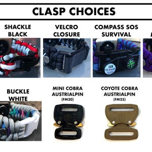 May include: A chart displaying various clasp options for paracord bracelets. The clasps include Mad Max, Shackle Black, Velcro Closure, Compass SOS Survival, Fidlock Magnetic, Buckle Black, Buckle White, Mini Cobra Austrialpin (FM20), Coyote Cobra Austrialpin (FM25), and Black Cobra Austrialpin (FM25).