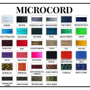 May include: A chart displaying a range of colours and patterns of microcord, a type of paracord. The chart features colours such as glow, white, black, charcoal grey, silver grey, navy blue, midnight blue, electric blue, royal blue, atwood blue, light blue, neon turquoise, seafoam, hunter, teal, kelly green, green, neon green, olive drab, brown, rust, burgundy, red, coyote brown, gold, tan, yellow, neon yellow, burnt orange, neon orange, acid purple, lilac, rose pink, neon pink, reflective black, reflective neon orange, reflective blue, reflective red, reflective neon pink, reflective purple, autism awareness, jamaican, fireball, red and black stripes, dark stripes, undead, blue camo, decay, desert camo, urban camo, acu digital, woodland camo, ground war, multicam, and OD & moss.