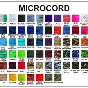 May include: A color chart titled MICROCORD displaying a grid of various cord samples. The chart features solid colors, reflective options, and multi-colored camouflage patterns, each labeled with its specific name including Glow, White, Black, and Neon.