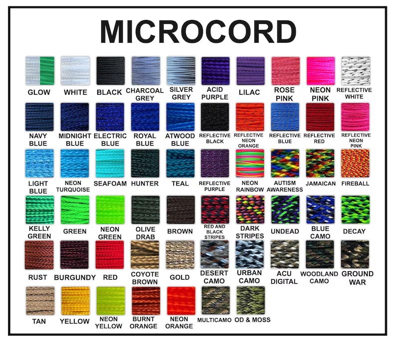 May include: A color chart titled MICROCORD displaying a grid of various cord samples. The chart features solid colors, reflective options, and multi-colored camouflage patterns, each labeled with its specific name including Glow, White, Black, and Neon.