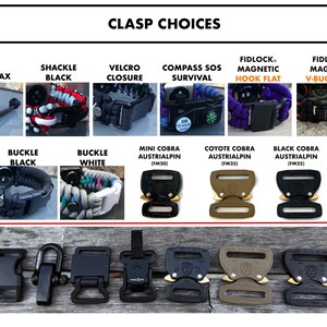 May include: A collection of clasp choices for bracelets, including Mad Max, shackle, Velcro, compass SOS, Fidlock magnetic, and AustriAlpin Cobra buckles in black, white, and coyote tan. The image displays various buckle styles and mechanisms.