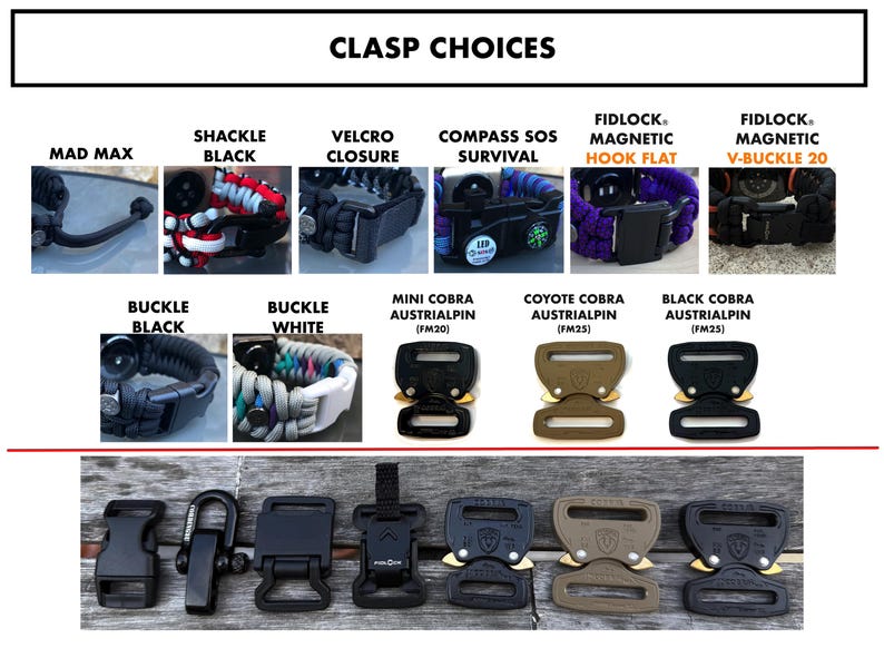 May include: A collection of clasp choices for bracelets, including Mad Max, shackle, Velcro, compass SOS, Fidlock magnetic, and AustriAlpin Cobra buckles in black, white, and coyote tan. The image displays various buckle styles and mechanisms.