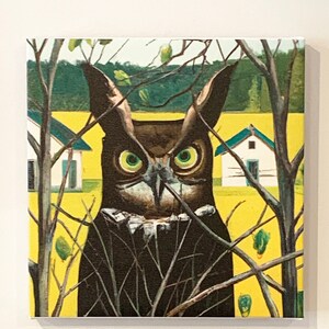 Great horned owl in the countryside farm painting contemporary art