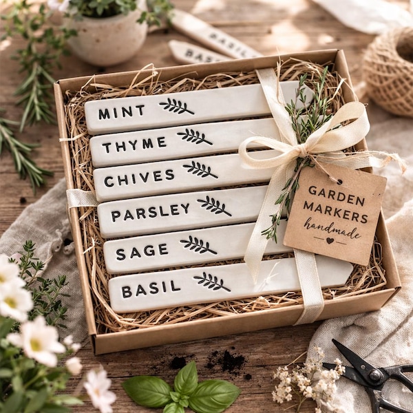 Ceramic Herb Garden Markers | Gift Set of 6 Kitchen Herbs