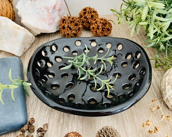 Black Ceramic Soap Dish With Drain | Soap Saver | Handmade Bathroom Accessories