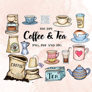 Clipart Coffee and Tea watercolor - Instant download