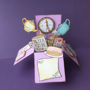 Tea Time Card - Card Pop Up - Explosion Box - Pattern  - 3D card kit - Scrapbooking illustration