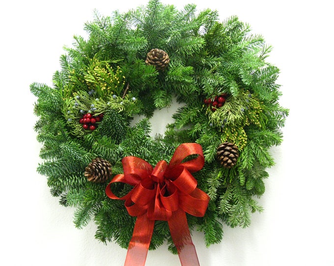 Fresh Christmas Greens Wreath With Red Bow Etsy