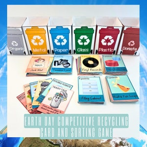 Druckbares Earth Day Recycling Bin Spiel für Kinder und Familien, Earth Day Spiel für die Grundschule, Competitive Cards, Earth Day Aktivität