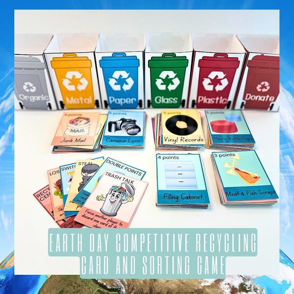 Printable Earth Day Recycling Bin Game for Kids and Families, Earth Day Game for Elementary School, Competitive Cards, Earth Day Activity