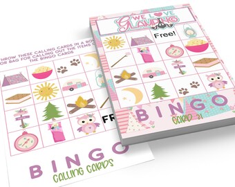 May include: A pink and green bingo card with a camping theme. The card features images of a tent, a campfire, a camper, a compass, a sleeping bag, an owl, a moon, a tree, popcorn, a s'more, and paw prints. The card says "We Love Glamping" and "Bingo Card 21".