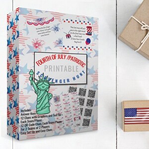 May include: A printable Fourth of July scavenger hunt game with a red, white, and blue patriotic theme. The game includes 12 clues with graphics and text, 12 QR code clues, and answer keys. It's easy to set up and play.