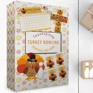 May include: Thanksgiving Turkey Bowling Printable Dice Game. A printable game with a turkey, bowling pins, and dice. The game includes a scorecard and instructions for playing.