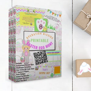 May include: Printable Easter Egg Hunt game featuring a bunny rabbit illustration, a QR code, and the text "Operation Missing Printable Easter Egg Hunt".