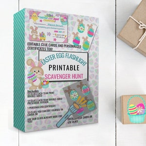 May include: Printable Easter Egg Flashlight Scavenger Hunt game with bunny and egg illustrations. Includes 12 clues each team, double-sided, preschool version, personalized certificate, and editable clue cards.