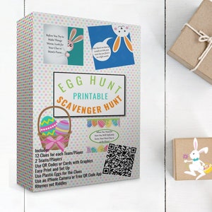 May include: Printable Easter Egg Hunt scavenger hunt game with a basket of colourful eggs and a bunny rabbit illustration. Includes 12 clues for each team or player, QR codes, and instructions for easy setup. Rhymes not riddles.