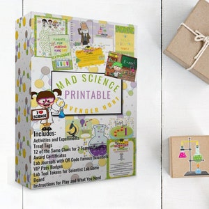 May include: A printable Mad Science Scavenger Hunt game featuring a girl scientist illustration. The game includes activities, treat tags, certificates, lab journals, badges, tokens, and a game board.