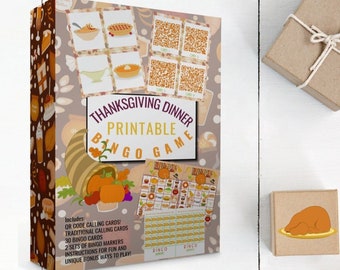 Könnte beinhalten: Ein druckbares Thanksgiving-Dinner-Bingo-Spiel mit einem Füllhorn-Design. Das Spiel enthält 30 Bingokarten, 2 Sätze Bingomarker und Anweisungen für lustige und einzigartige Bonus-Spielmöglichkeiten. Das Spiel enthält auch QR-Code-Rufkarten und traditionelle Rufkarten.