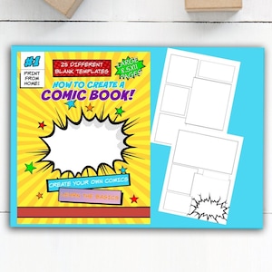 May include: A yellow and red comic book cover with the text "How to Create a Comic Book!" and "Create Your Own Comics". The cover also features a large speech bubble and stars. The back of the cover shows a comic book template with blank panels.