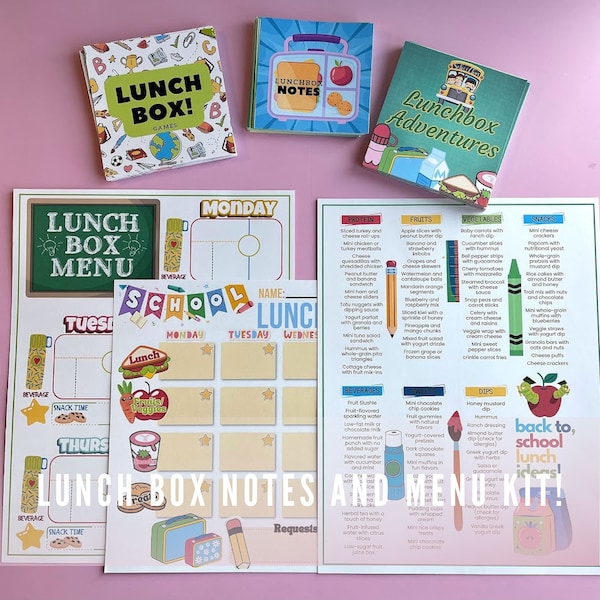 Back to School Lunch Box Kit, Fun Lunch Menus for Kids, Creative School Lunch Planner, Bento Box Ideas, Lunchtime Adventure Cards and Notes