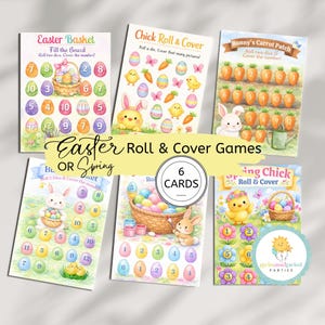 May include: Six Easter roll and cover games. Each card has colourful illustrations of Easter eggs, chicks, bunnies, and carrots. The text "Easter Roll & Cover Games" is displayed in a decorative font.