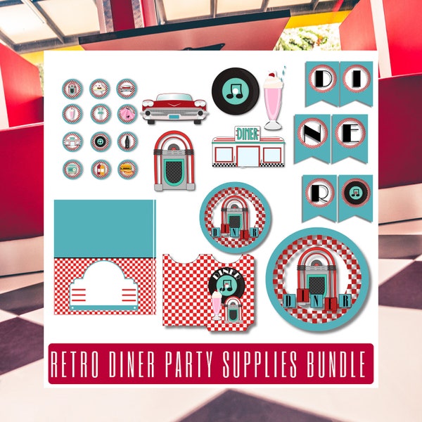 Retro Diner Party Kit, 50s Party Decorations, Retro Party Decorations, Vintage Diner Party Pack, Diner Party, Retro Diner Birthday Party