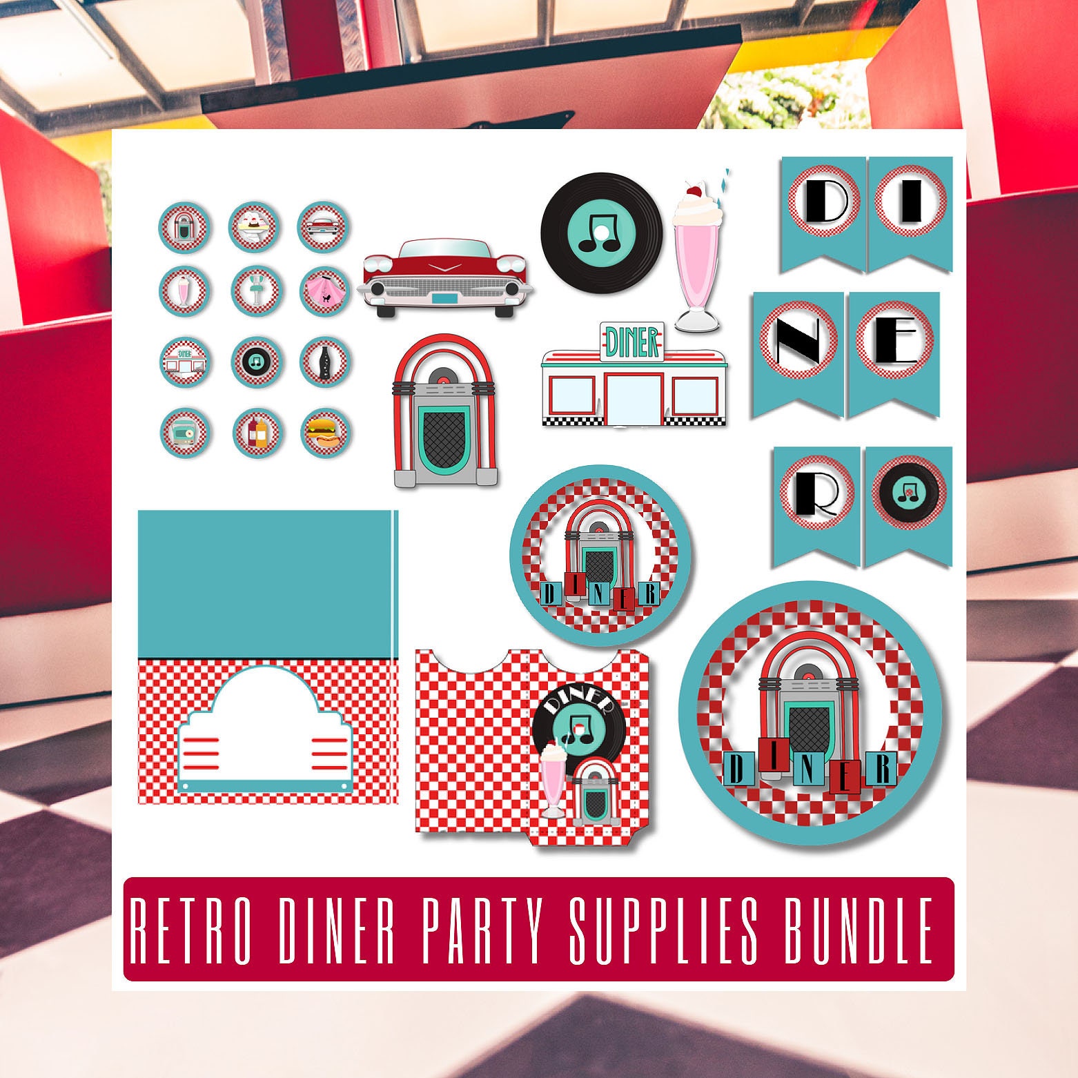 Retro Diner Party Kit, 50s Party Decorations, Retro Party Decorations