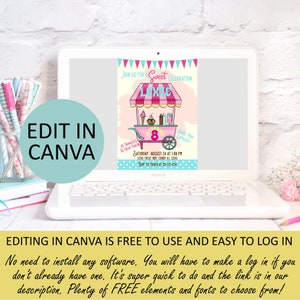 May include: A digital invitation for a birthday party with a pink and blue ice cream cart graphic. The invitation says "Join us for a Sweet Celebration" and includes the name "Lexie" and the number "8".