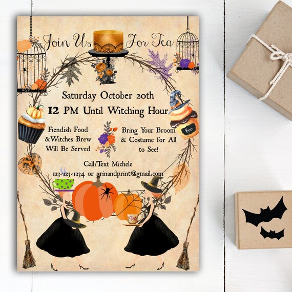 Witches Tea Invitations / Tea Party Invitations / Vintage Halloween / Witches Party / Tea Party Ideas / Witches Tea Party / Halloween Party Il_570xn