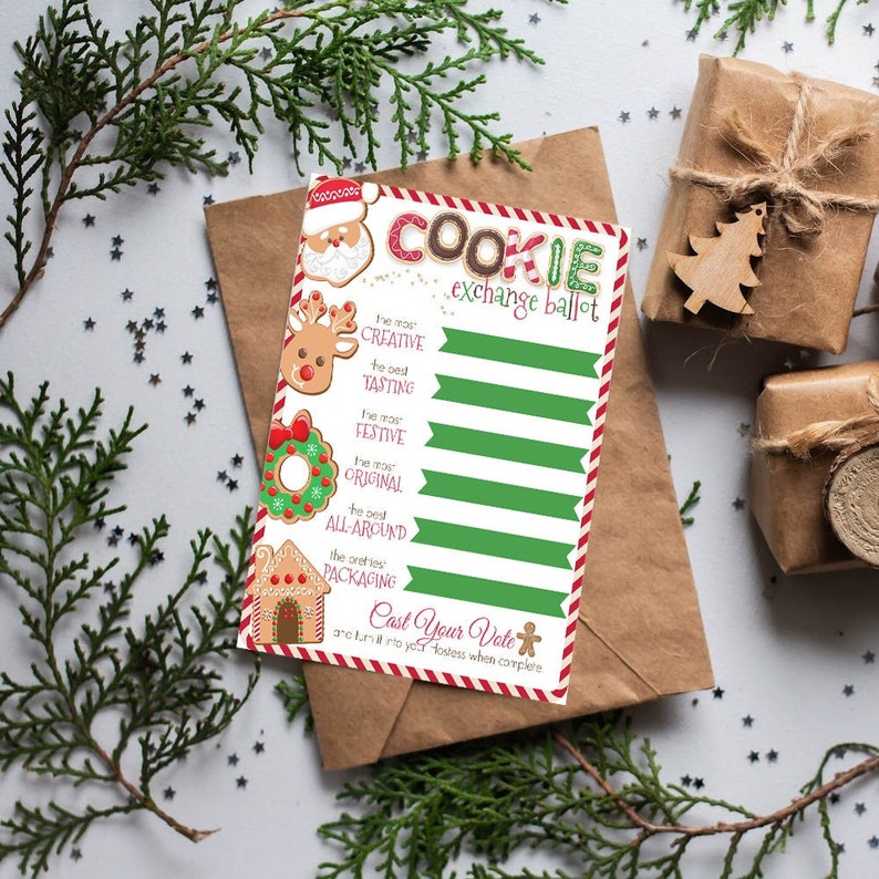Peut inclure: Un bulletin de vote rouge et blanc pour un &eacute;change de biscuits de No&euml;l avec des illustrations de pain d'&eacute;pices, de rennes et du P&egrave;re No&euml;l. Le bulletin comporte des cat&eacute;gories pour le plus cr&eacute;atif, le meilleur go&ucirc;t, le plus festif, le plus original, le meilleur tout-terrain et le plus bel emballage. Le texte indique "Bulletin de vote pour l'&eacute;change de biscuits" et "Votez".
