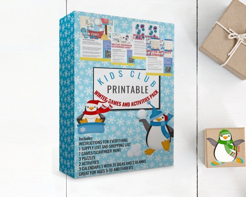 May include: A blue and white printable pack with a penguin illustration. The pack includes winter games and activities for kids ages 5-10. The text on the pack reads "Kids Club Printable Winter Games and Activities Pack".