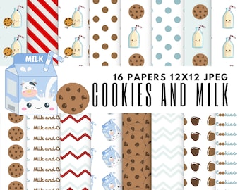 Milk and Cookies Digital Paper Pack, Chocolate Chip Cookie Paper, Cookies Digital Paper, Milk and Cookies Party, Milk and Cookies Background