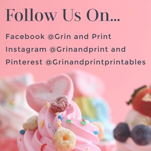 Peut inclure: Des cupcakes glac&eacute;s roses et blancs d&eacute;cor&eacute;s de p&eacute;pites, de c&eacute;r&eacute;ales et d'une guimauve en forme de c&oelig;ur. Le texte "Follow Us On... Facebook @Grin and Print Instagram @Grinandprint and Pinterest @Grinandprintprintables" est affich&eacute; sur un fond rose.