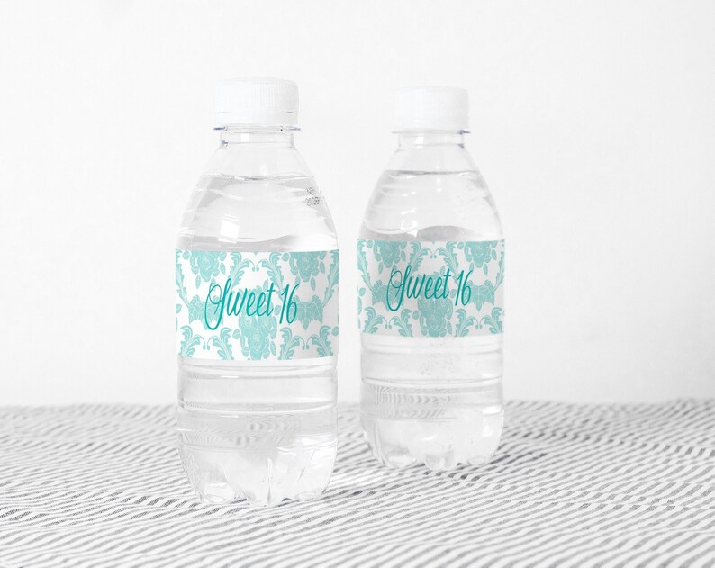 Sweet 16 Water Bottle Labels, Sweet 16 Birthday Party Supplies, Printable Water Bottle Labels Sweet 16 Birthday Party Teal and Black image 1