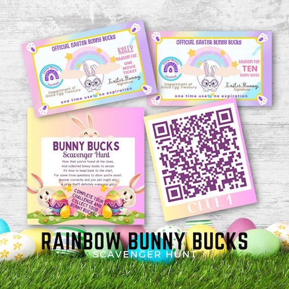 Editable Rainbow Bunny Bucks Scavenger Hunt for Easter, Printable Easter Scavenger Hunt with QR Code, Easter Scavenger Hunt, Easter Activity Il_570xn