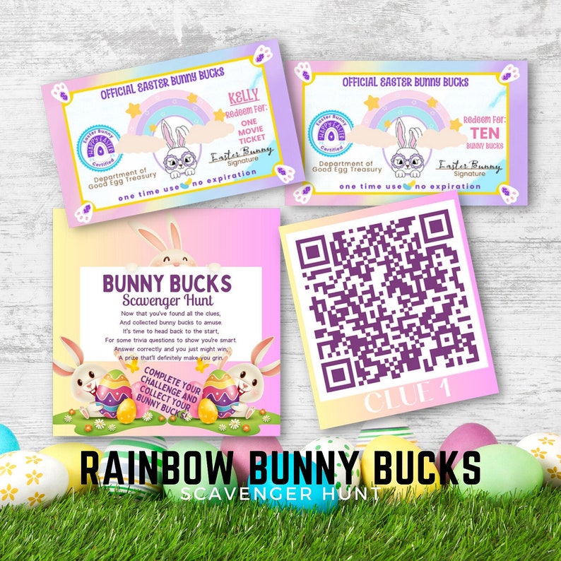 Editable Rainbow Bunny Bucks Scavenger Hunt for Easter, Printable