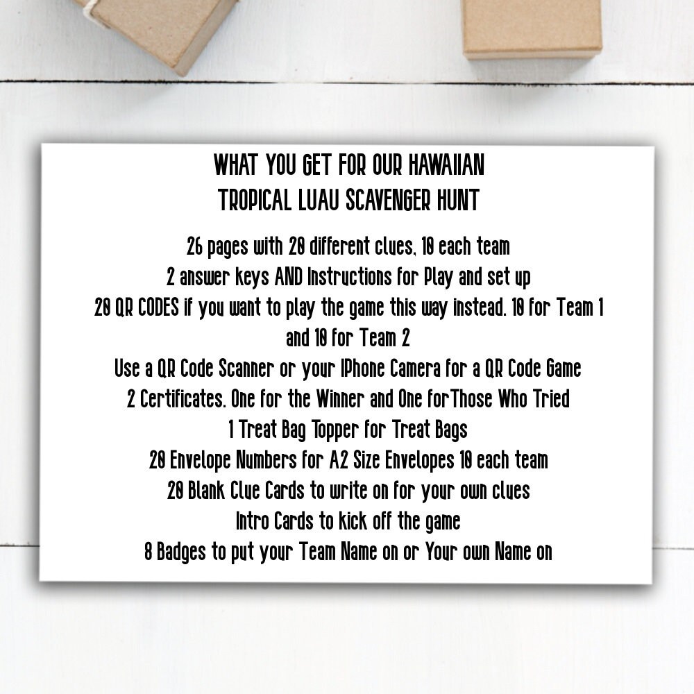 Luau Scavenger Hunt Clues, Scavenger Hunt for Luau Party, Tropical