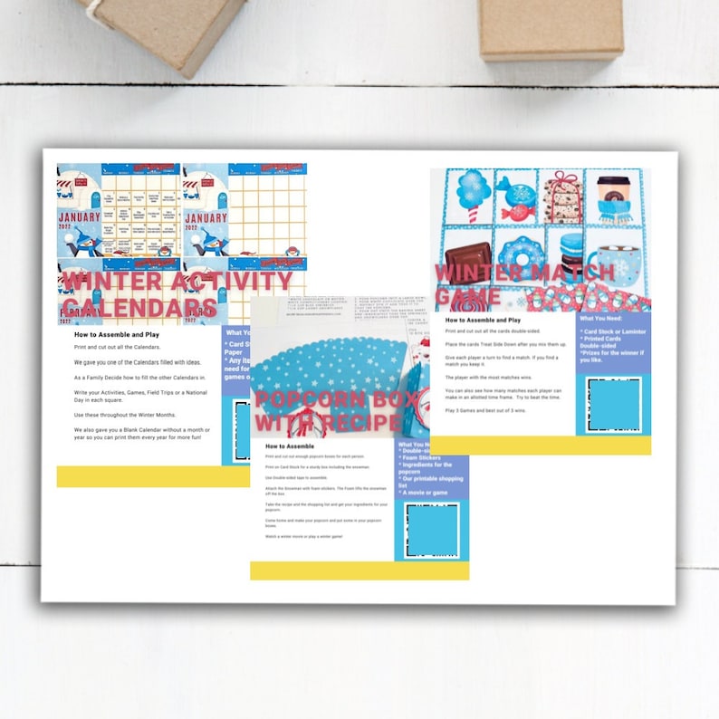 May include: A printable set of winter activity calendars, a winter match game, and a popcorn box recipe. The calendars feature a snowman and the text "Winter Activity Calendars". The game features a variety of winter-themed images and the text "Winter Match Game". The recipe features a snowman and the text "Popcorn Box with Recipe".