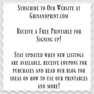 Peut inclure: Texte graphique avec un fond blanc et du texte noir. Le texte dit : "Abonnez-vous &agrave; notre site Web sur Grinandprint.com. Recevez un imprimable gratuit pour vous inscrire&nbsp;! Restez au courant des nouvelles listes, recevez des coupons pour vos achats et lisez notre blog pour des id&eacute;es sur la fa&ccedil;on d&rsquo;utiliser nos imprim&eacute;s et plus encore&nbsp;!"