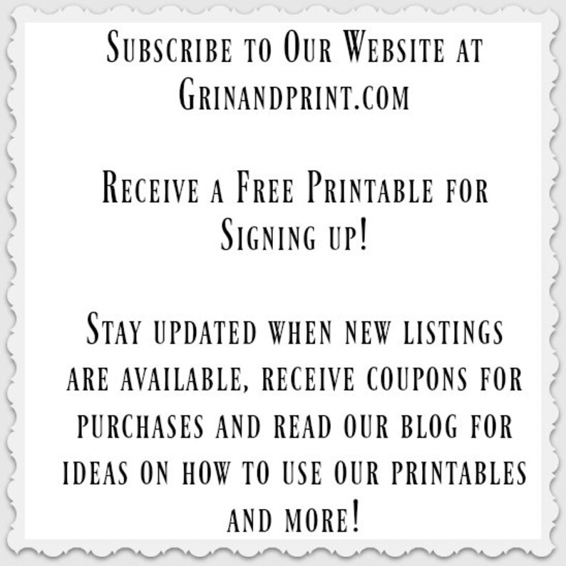Peut inclure: Texte graphique avec un fond blanc et du texte noir. Le texte dit : "Abonnez-vous &agrave; notre site Web sur Grinandprint.com. Recevez un imprimable gratuit pour vous inscrire&nbsp;! Restez au courant des nouvelles listes, recevez des coupons pour vos achats et lisez notre blog pour des id&eacute;es sur la fa&ccedil;on d&rsquo;utiliser nos imprim&eacute;s et plus encore&nbsp;!"